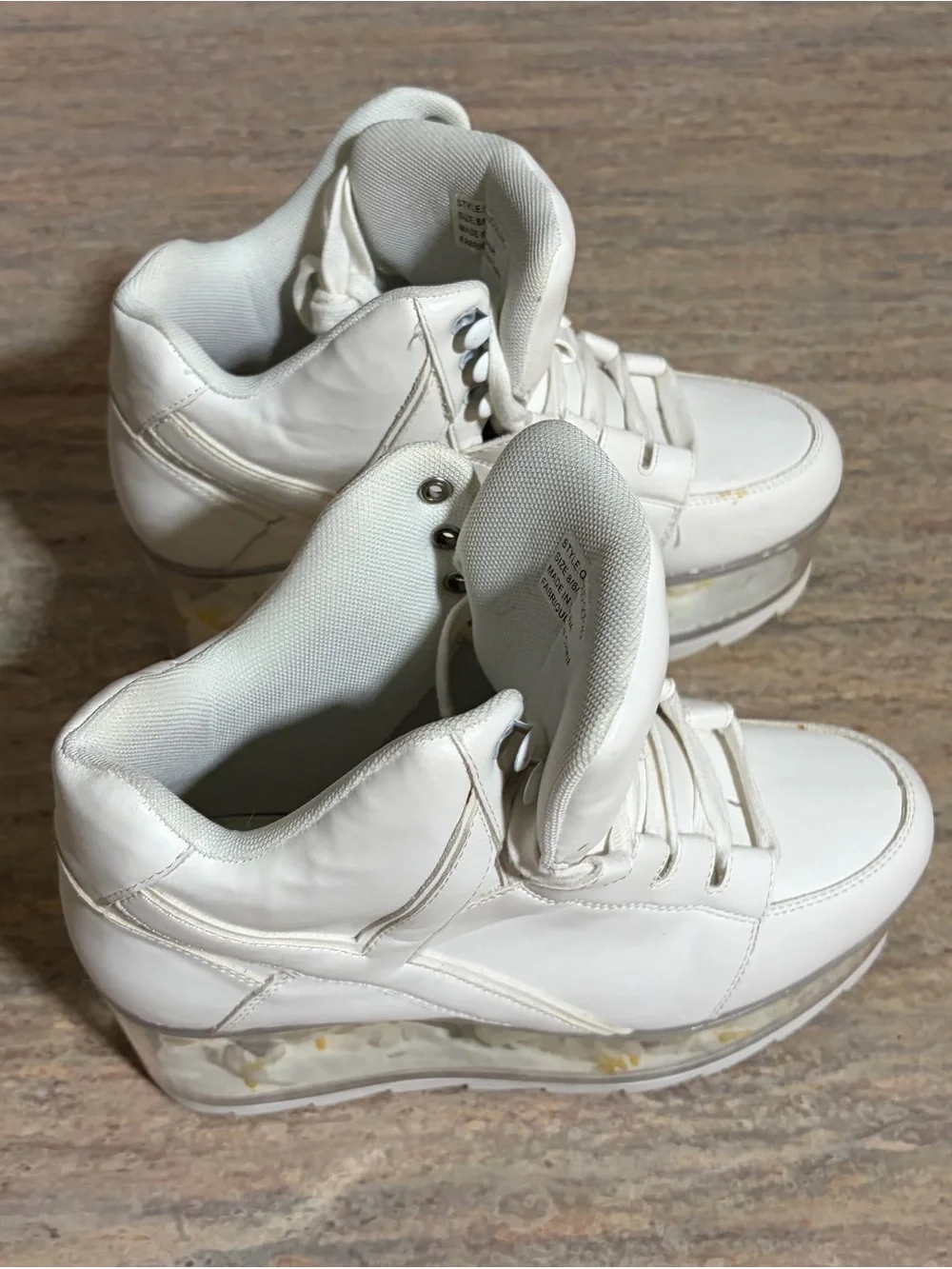 YRU QLOUD QOZMO White Platform Sneakers with Ivory Flowers inside the clear sole